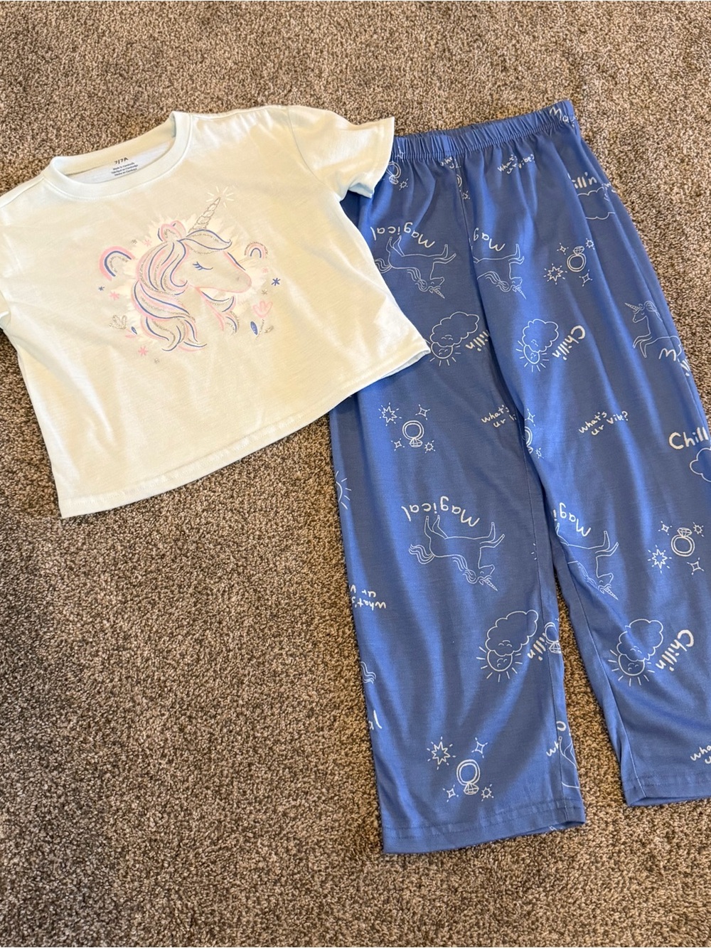 Girls Unicorn Short Sleeve Cropped Top & Blue Magical Pajama Pants Set